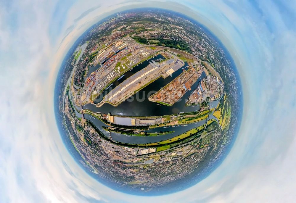 Luftaufnahme Duisburg - Fish Eye- Perspektive Binnenhafen an der Ruhr in Duisburg im Bundesland Nordrhein-Westfalen, Deutschland