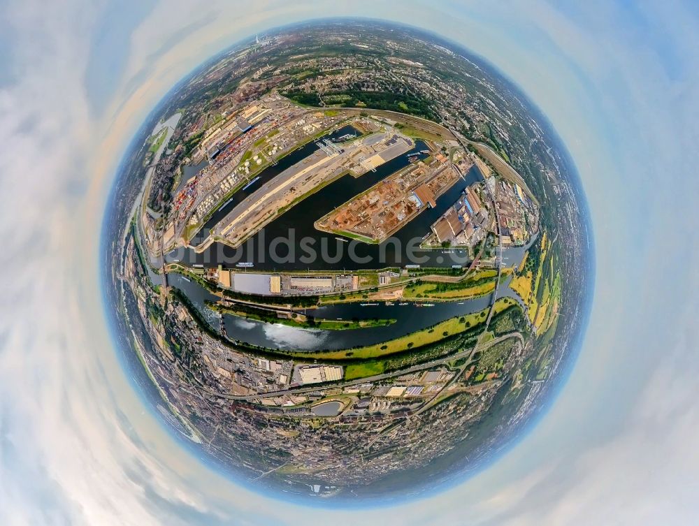 Duisburg von oben - Fish Eye- Perspektive Binnenhafen an der Ruhr in Duisburg im Bundesland Nordrhein-Westfalen, Deutschland