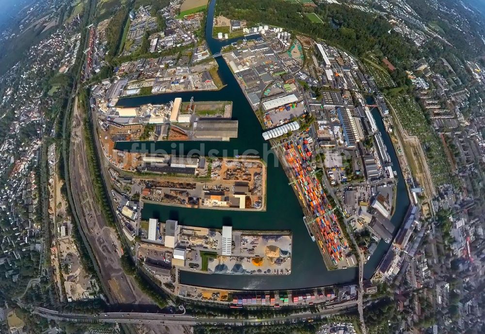 Luftaufnahme Dortmund - Fish Eye- Perspektive Binnenschiffahrtszentrum Dortmunder Hafen in Dortmund im Bundesland Nordrhein-Westfalen, Deutschland