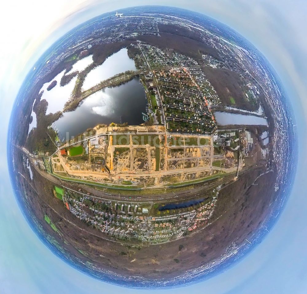 Luftaufnahme Duisburg - Fish Eye- Perspektive Entwicklungsgebiet und Bauland für den Neubau des Quartier am Wasserturm in Duisburg im Bundesland Nordrhein-Westfalen, Deutschland