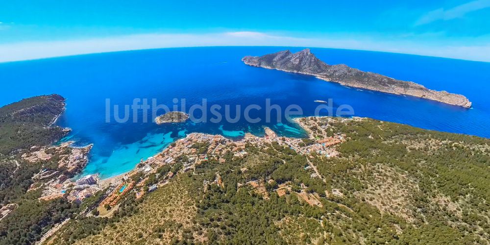 Luftbild Andratx - Fish Eye- Perspektive Felsplateau Sa Dragonera - Dracheninsel in Andratx auf der balearischen Mittelmeerinsel Mallorca, Spanien