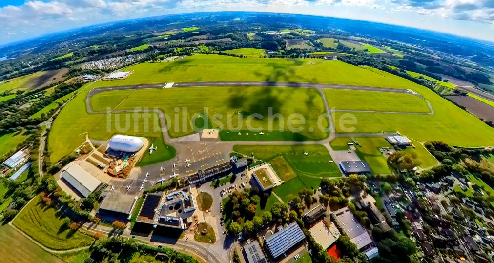 Luftbild Mülheim an der Ruhr - Fish Eye- Perspektive Flugplatz mit Luftschiffhallen der WDL Luftschiff GmbH in Mülheim an der Ruhr im Bundesland Nordrhein-Westfalen