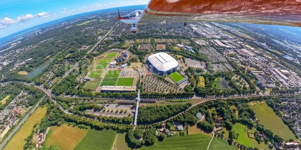 Luftaufnahme Gelsenkirchen - Fish Eye- Perspektive Fussballstadion des Vereins FC Schalke 04 - VELTINS-Arena in Gelsenkirchen im Bundesland Nordrhein-Westfalen, Deutschland