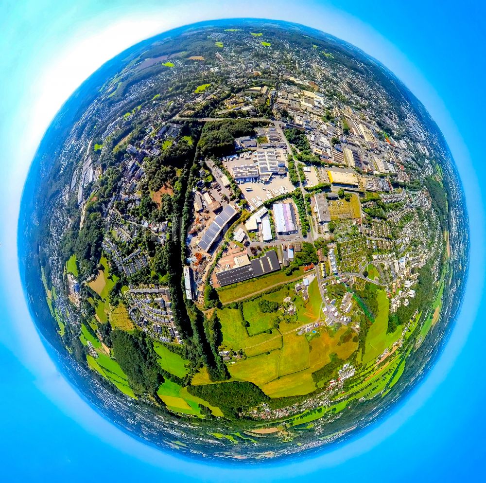 Schwelm von oben - Fish Eye- Perspektive Gewerbegebiet entlang der Berliner Straße in Schwelm im Bundesland Nordrhein-Westfalen - NRW, Deutschland