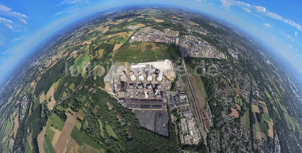 Luftaufnahme Gelsenkirchen - Fish Eye- Perspektive Kraftwerksanlagen des Kohle- Heizkraftwerkes Uniper Kraftwerke GmbH in Gelsenkirchen im Bundesland Nordrhein-Westfalen, Deutschland