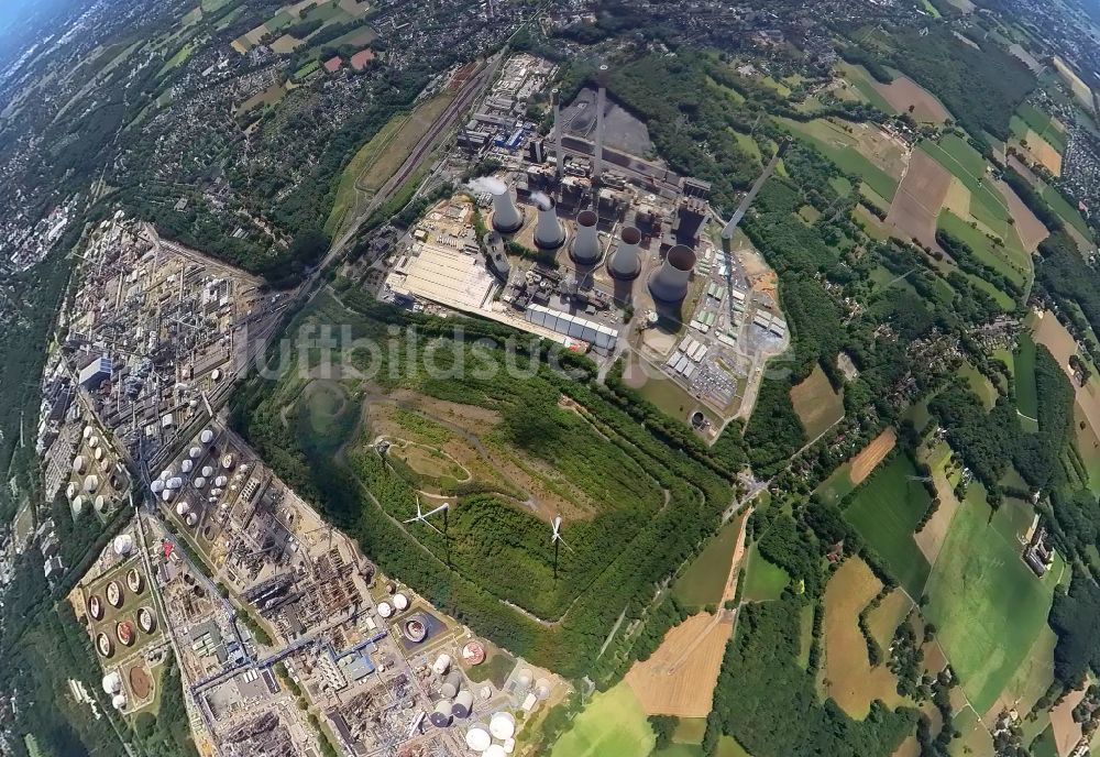 Gelsenkirchen aus der Vogelperspektive: Fish Eye- Perspektive Kraftwerksanlagen des Kohle- Heizkraftwerkes Uniper Kraftwerke GmbH in Gelsenkirchen im Bundesland Nordrhein-Westfalen, Deutschland