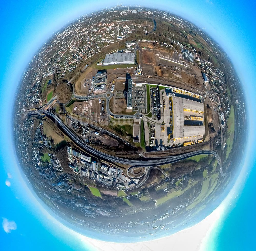 Bochum aus der Vogelperspektive: Fish Eye- Perspektive Neubau- Baustelle im Gewerbegebiet Entwicklungsgebiet MARK 51°7 mit Blick auf Abrißarbeiten auf dem Gelände der Industrie- Ruine am Opelring in Bochum im Bundesland Nordrhein-Westfalen, Deutschland