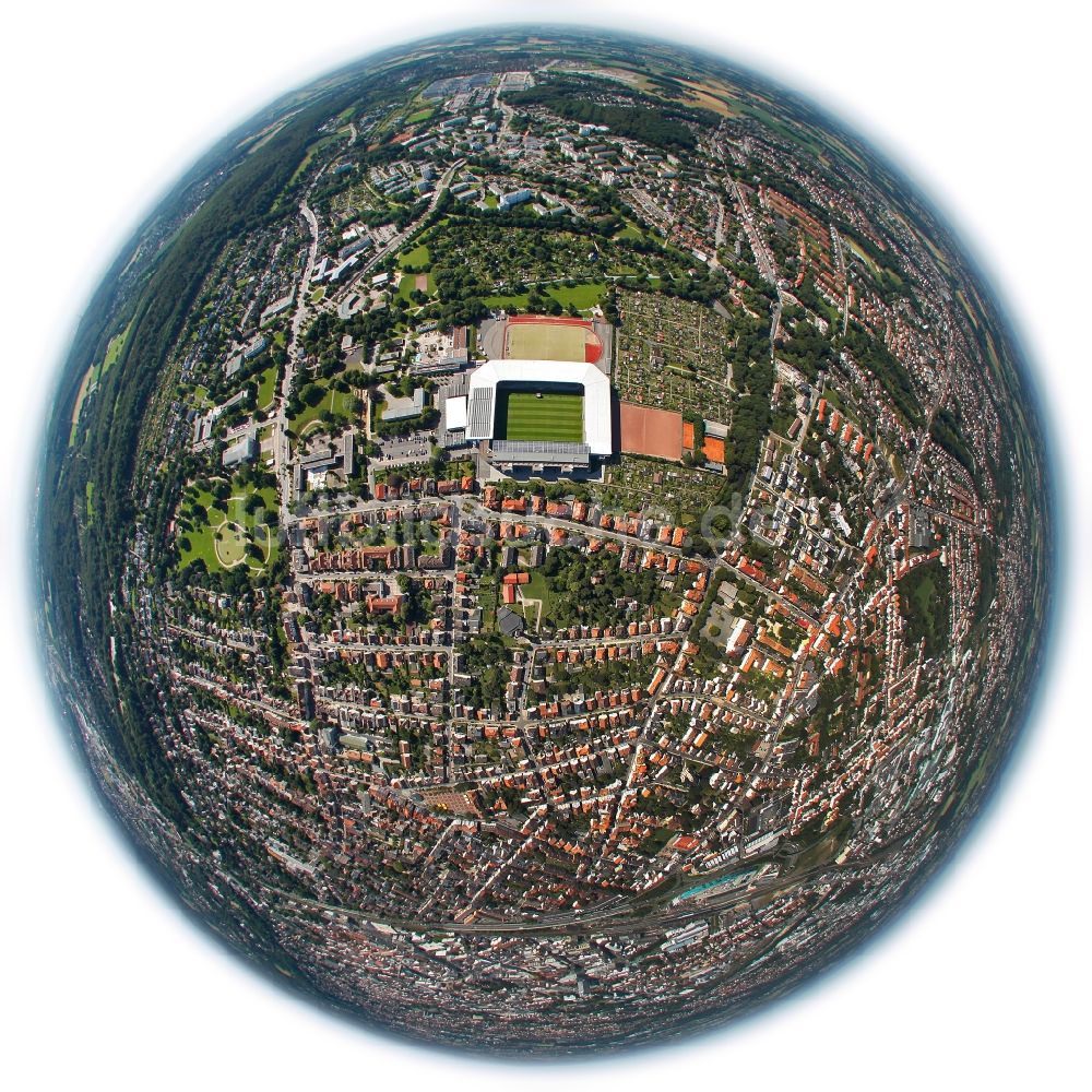 Bielefeld von oben - Fish Eye- Perspektive Sportstätten-Gelände der SchücoArena in Bielefeld im Bundesland Nordrhein-Westfalen, Deutschland