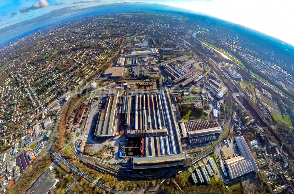 Luftbild Mülheim an der Ruhr - Fish Eye- Perspektive Technische Anlagen und Produktionshallen des Stahlwerkes Thyssen Krupp in Mülheim an der Ruhr im Bundesland Nordrhein-Westfalen, Deutschland