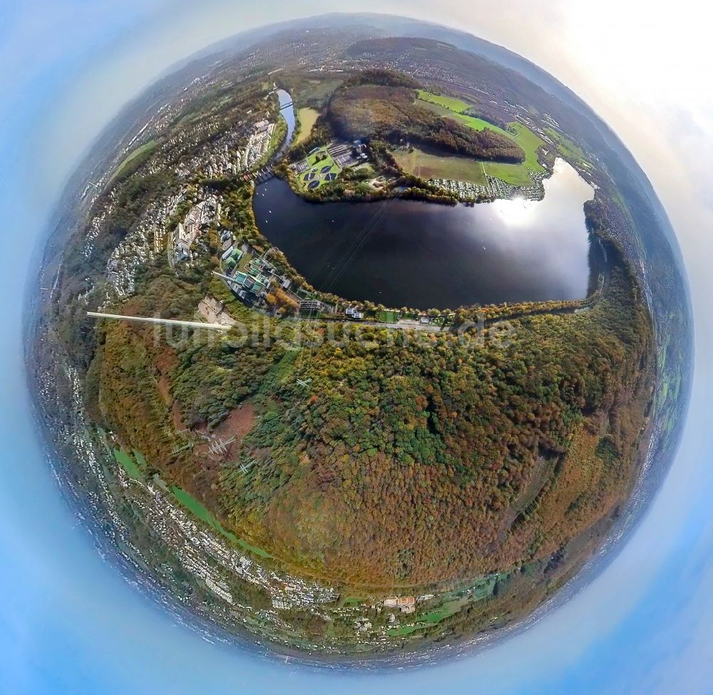 Wetter von oben - Fish Eye- Perspektive Uferbereiche des Sees Harkortsee in Wetter im Bundesland Nordrhein-Westfalen, Deutschland