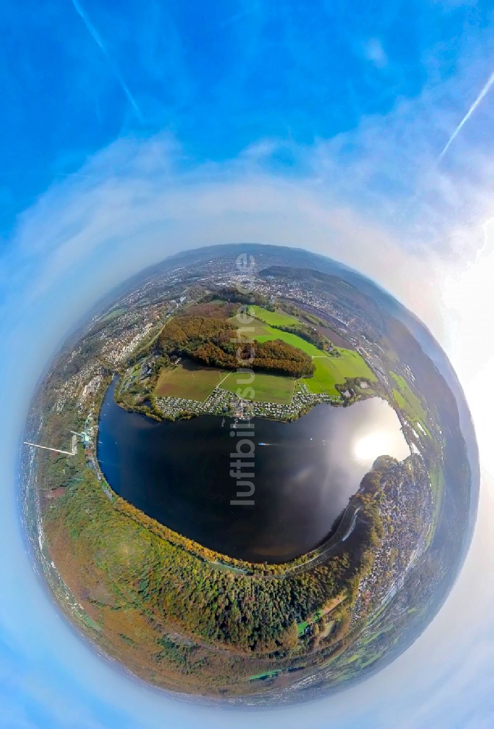 Luftaufnahme Wetter - Fish Eye- Perspektive Uferbereiche des Sees Harkortsee in Wetter im Bundesland Nordrhein-Westfalen, Deutschland