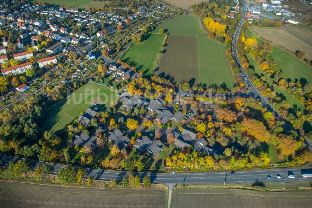 Hamm von oben - Flüchtlingsheim- und Asylunterkunfts- Gebäude im ehemaligen Glunz Dorf in Hamm im Bundesland Nordrhein-Westfalen