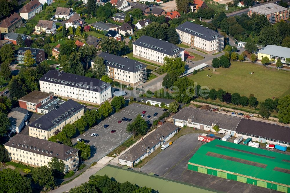 Hamm von oben - Flüchtlingsheim- und Asylunterkunfts- Gebäude auf dem Gelände der ehemaligen Newcastle Barracks in Hamm im Bundesland Nordrhein-Westfalen