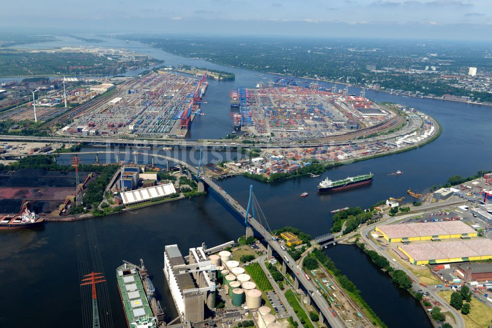 Hamburg aus der Vogelperspektive: Fluß - Brückenbauwerk Köhlbrandbrücke im Ortsteil Steinwerder in Hamburg, Deutschland