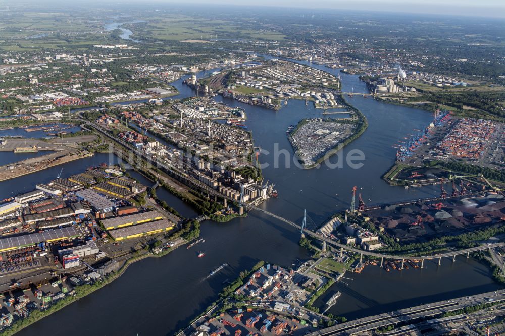 Luftaufnahme Hamburg - Fluß - Brückenbauwerk Köhlbrandbrücke im Ortsteil Steinwerder in Hamburg, Deutschland