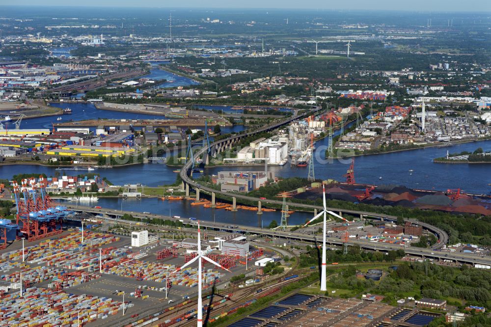 Hamburg aus der Vogelperspektive: Fluß - Brückenbauwerk Köhlbrandbrücke im Ortsteil Steinwerder in Hamburg, Deutschland