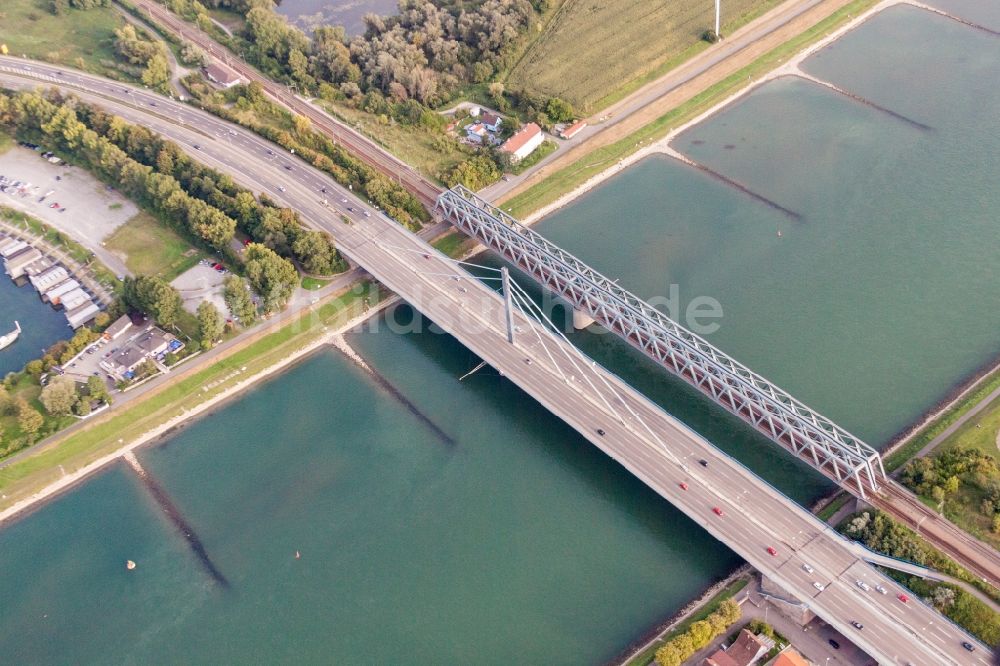 Wörth am Rhein von oben - Fluß - Brückenbauwerke der Bundesstraße 10 und der Regionalbahn über den Rhein zwischen Karlsruhe Maxau und Wörth am Rhein im Bundesland Rheinland-Pfalz, Deutschland