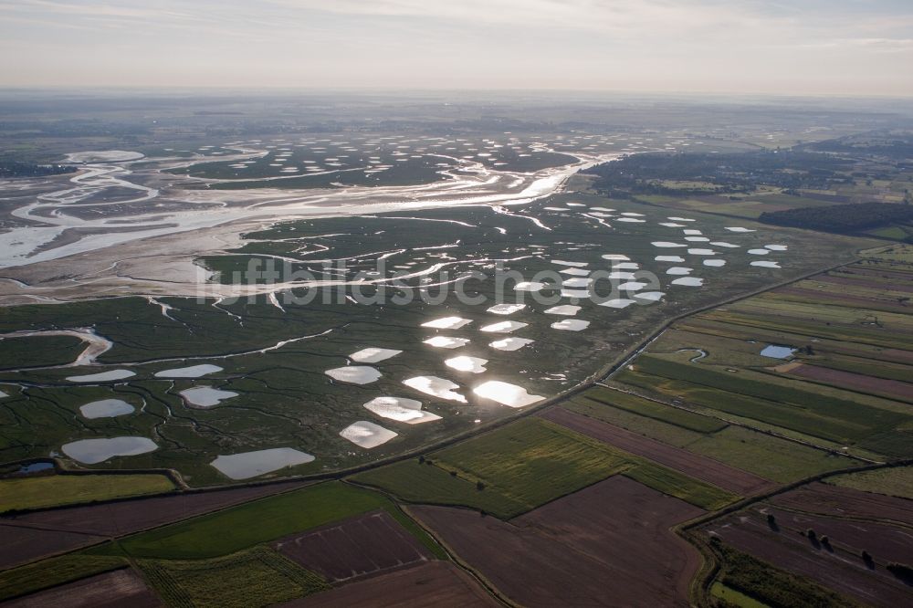 Luftaufnahme Saint-Valery-sur-Somme - Fluß- Delta und -Mündung der Somme mit Meeresfrüchtezuchtbecken in Saint-Valery-sur-Somme in Picardie, Frankreich