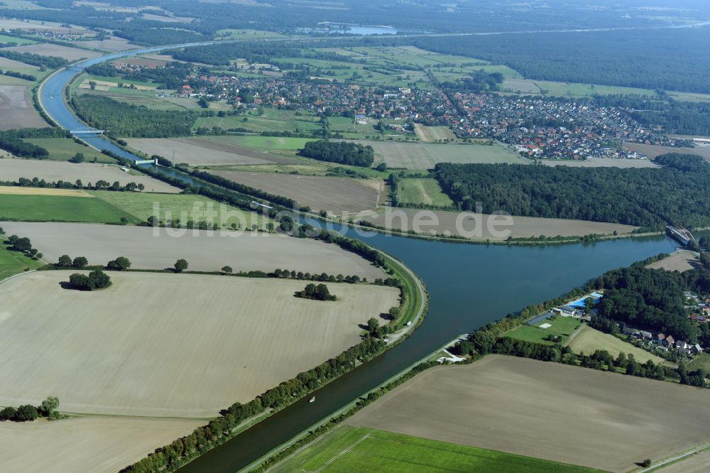 Luftbild Edesbüttel - Fluß- Delta und Strom- Mündung Elbe-Seitenkanal - Mittellandkanal in Edesbüttel im Bundesland Niedersachsen, Deutschland