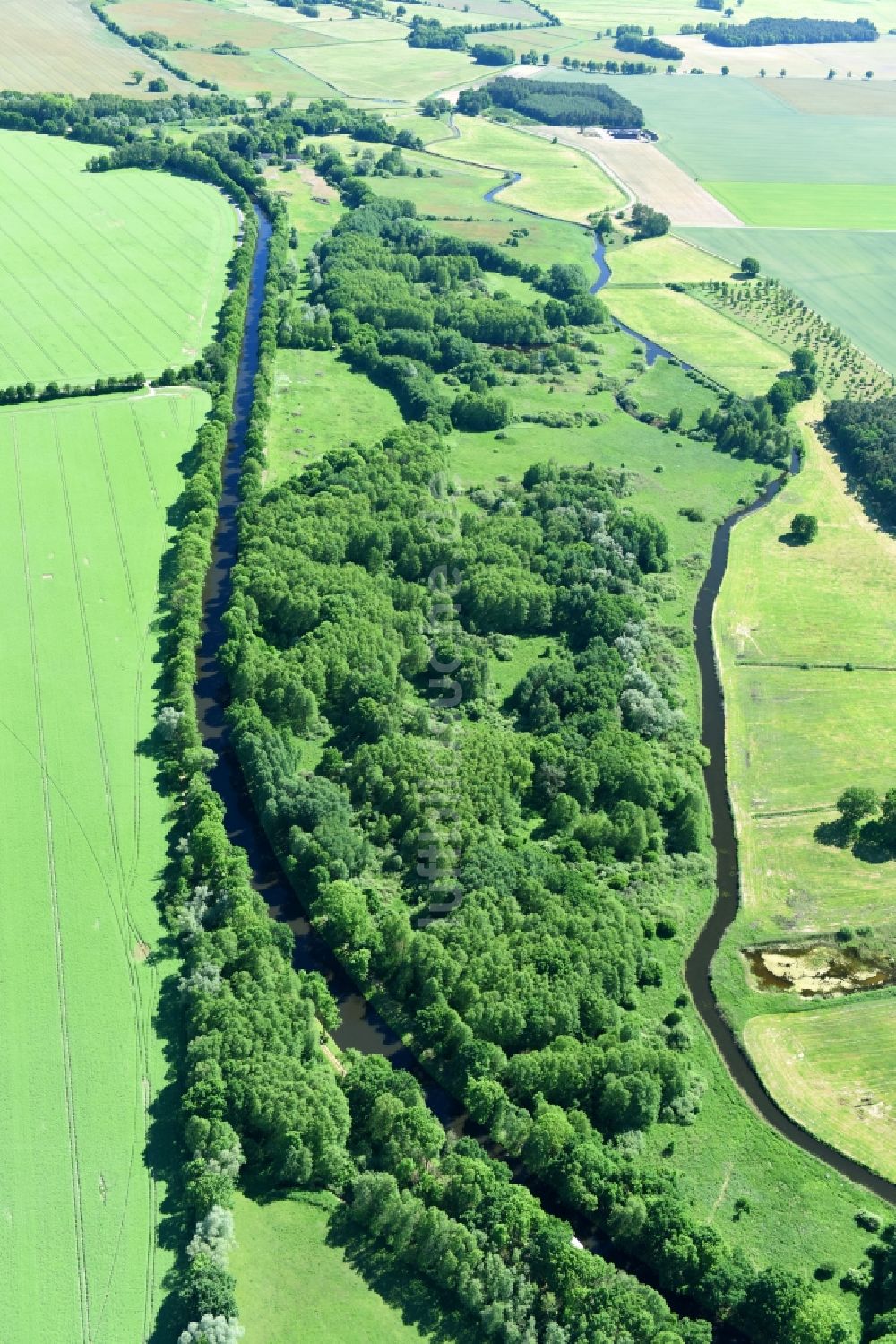 Siggelkow von oben - Flußverlauf der Müritz-Elde und dem Fluss Alte Elde in der Gemeinde Siggelkow im Bundesland Mecklenburg-Vorpommern, Deutschland