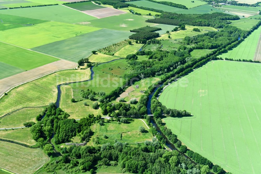 Siggelkow von oben - Flußverlauf der Müritz-Elde und dem Fluss Alte Elde in der Gemeinde Siggelkow im Bundesland Mecklenburg-Vorpommern, Deutschland