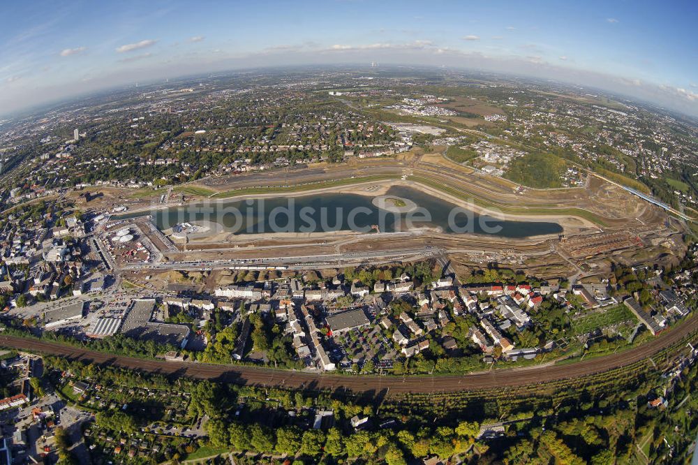 Dortmund von oben - Flutung Phoenix-See Dortmund mit Fischauge