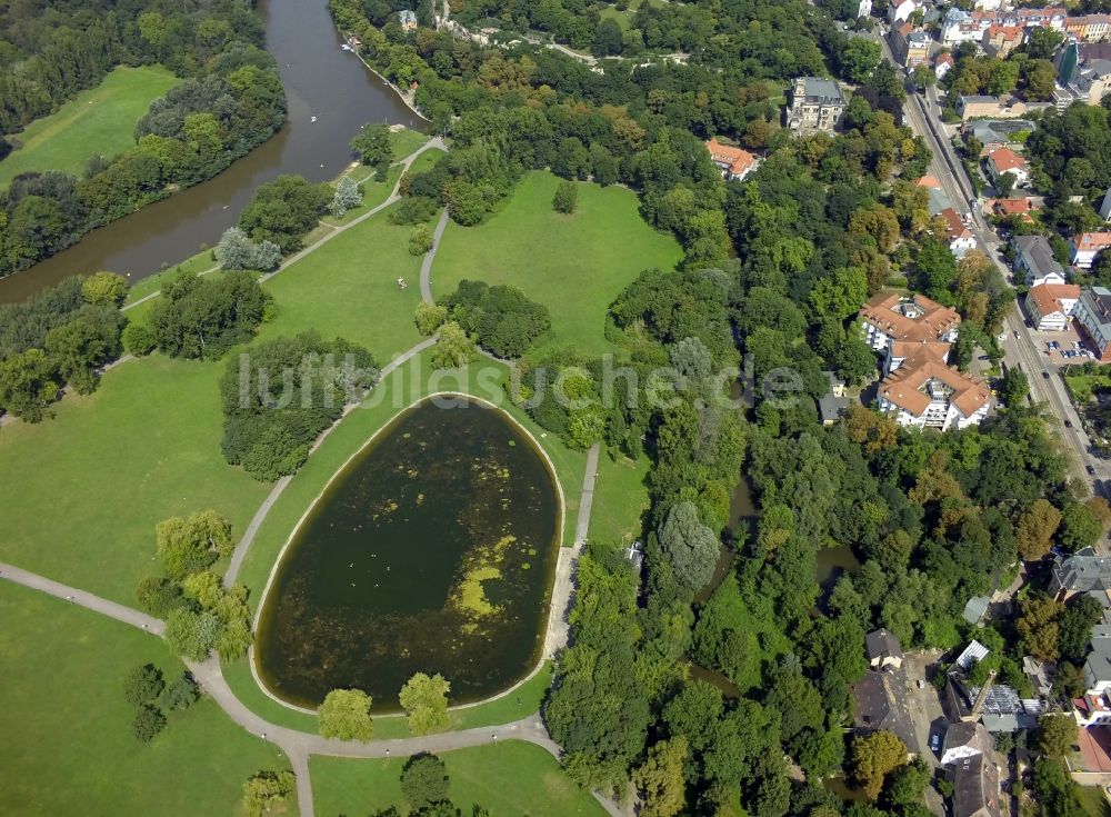 Halle (Saale) aus der Vogelperspektive: Fontänenteich auf der Ziegelwiese in Halle (Saale) im Bundesland Sachsen-Anhalt