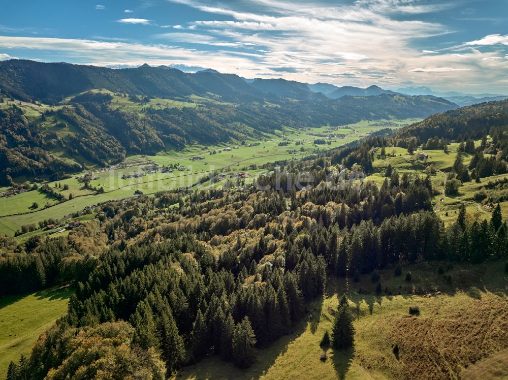 Konstanzer aus der Vogelperspektive: Forstgebiete in einem Waldgebiet an der Tal- und Wiesenlandschaft in Konstanzer im Bundesland Bayern, Deutschland