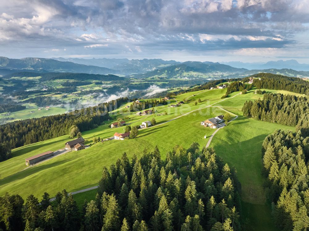 Luftbild Sulzberg - Forstgebiete in einem Waldgebiet mit Wiesenlandschaft in Sulzberg in Vorarlberg, Österreich