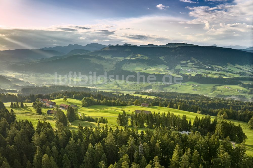 Luftaufnahme Sulzberg - Forstgebiete in einem Waldgebiet mit Wiesenlandschaft in Sulzberg in Vorarlberg, Österreich