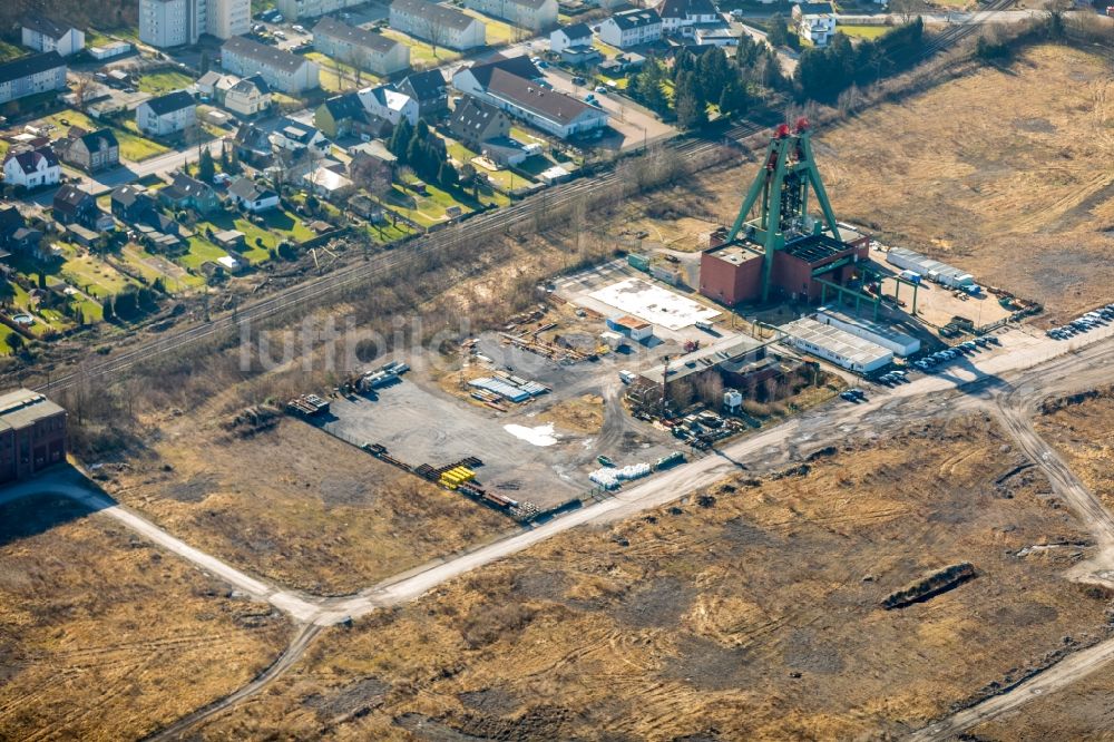 Luftbild Bergkamen - Förderanlagen und Bergbau- Schacht- Anlagen am Förderturm Haus Aden an der Rotherbachstraße in Bergkamen im Bundesland Nordrhein-Westfalen - NRW, Deutschland