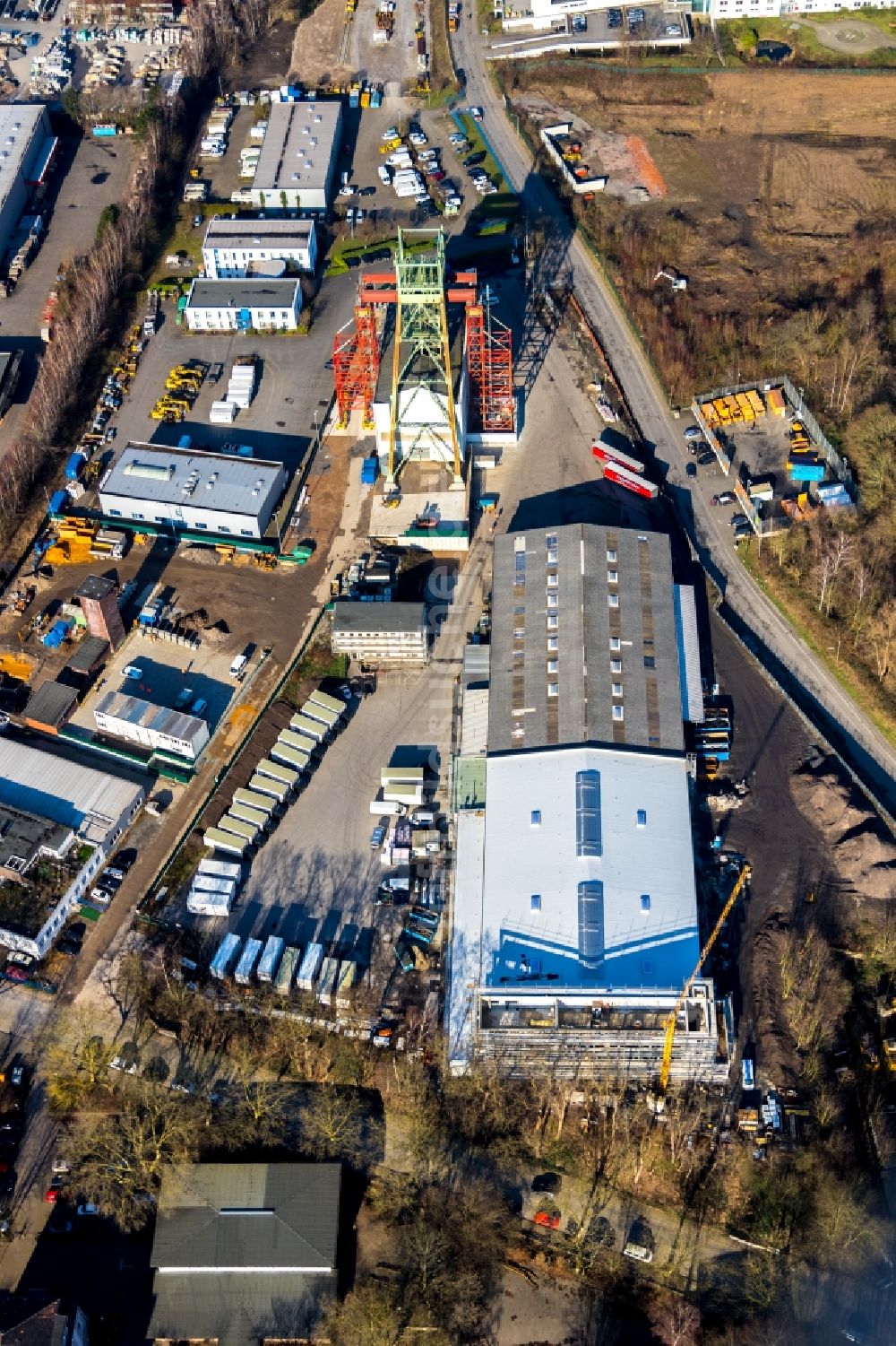 Luftbild Bochum - Förderturm Zeche Robert Müser im Ortsteil Werne in Bochum im Bundesland Nordrhein-Westfalen, Deutschland