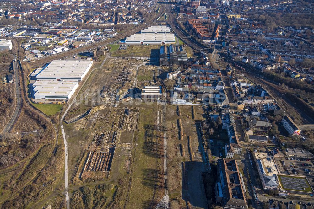 Dortmund aus der Vogelperspektive: Freiflächen im Gewerbegebiet Union Gewerbehof in Dortmund im Bundesland Nordrhein-Westfalen, Deutschland