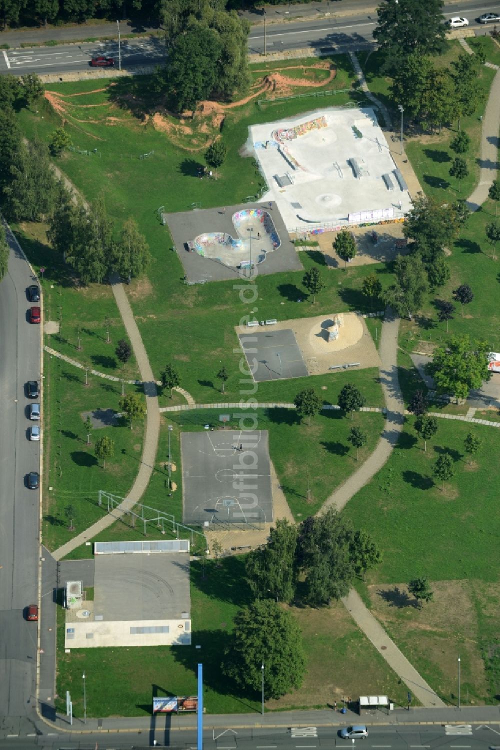 Chemnitz von oben - Freizeiteinrichtung Skatepark Konkordiapark in Chemnitz im Bundesland Sachsen