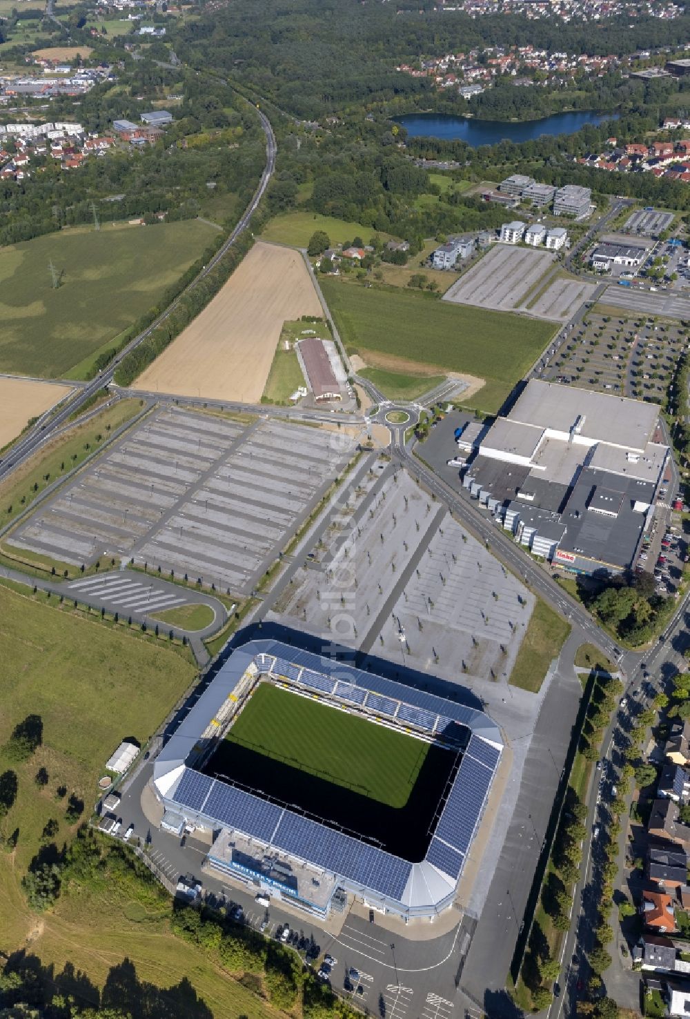 Paderborn von oben - Fußball- Stadion Benteler- Arena in Paderborn im Bundesland Nordrhein-Westfalen