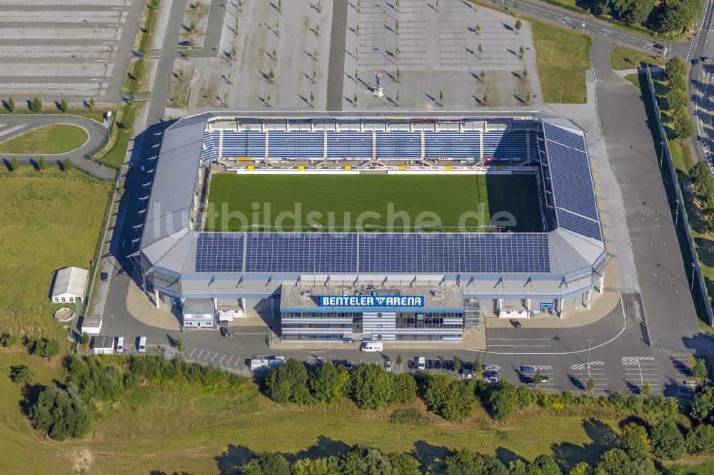 Paderborn aus der Vogelperspektive: Fußball- Stadion Benteler- Arena in Paderborn im Bundesland Nordrhein-Westfalen