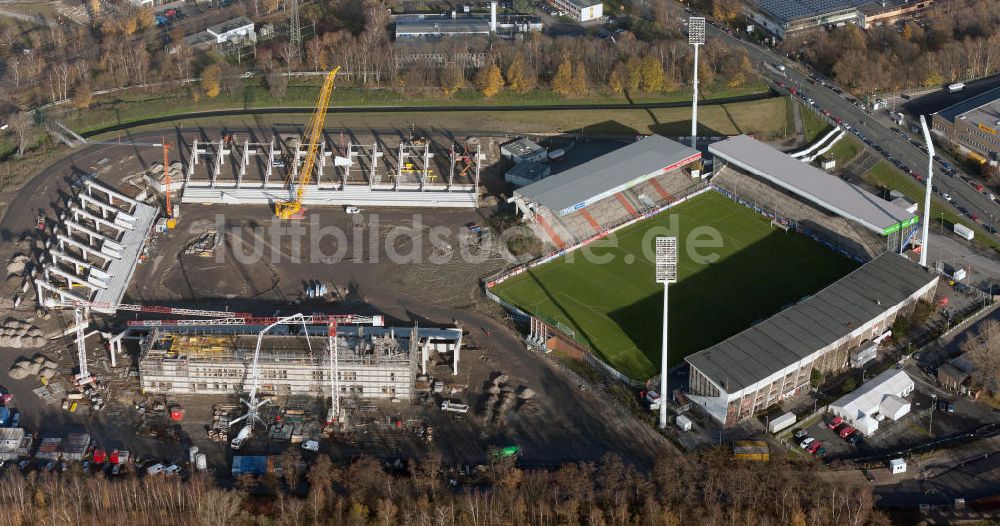 Essen von oben - Fußballstadionneubau am Georg-Melches-Stadion in Essen, Nordrhein-Westfalen