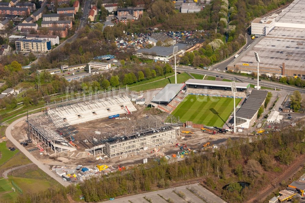 Essen aus der Vogelperspektive: Fußballstadionneubau am Georg-Melches-Stadion in Essen, Nordrhein-Westfalen