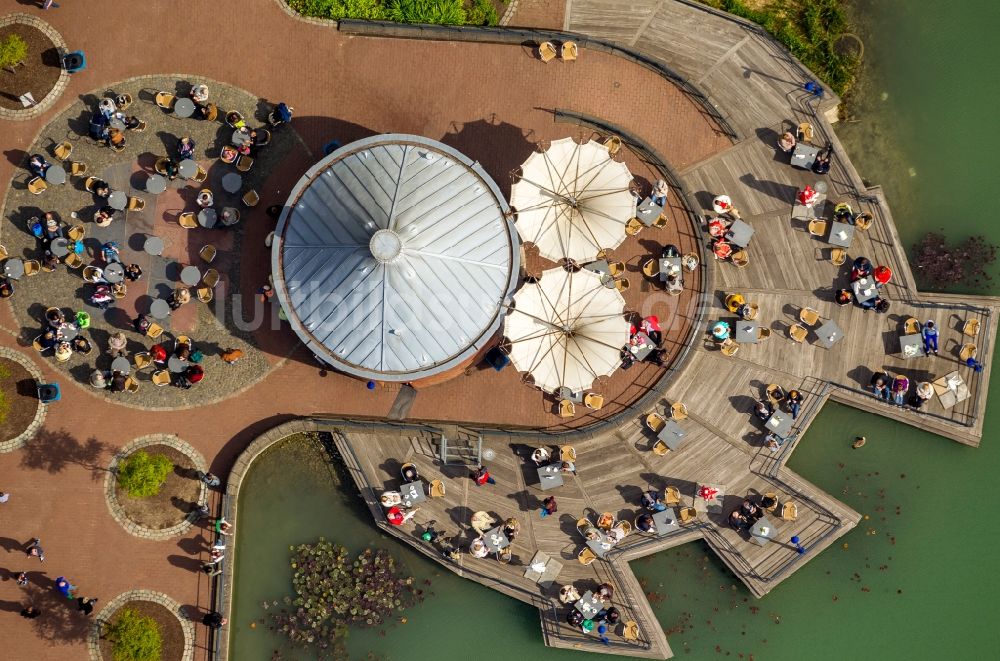 Hagen von oben - Gastronomie in der Freiluftgaststätte am Teich im MaxiPark in Hamm im Bundesland Nordrhein-Westfalen NRW