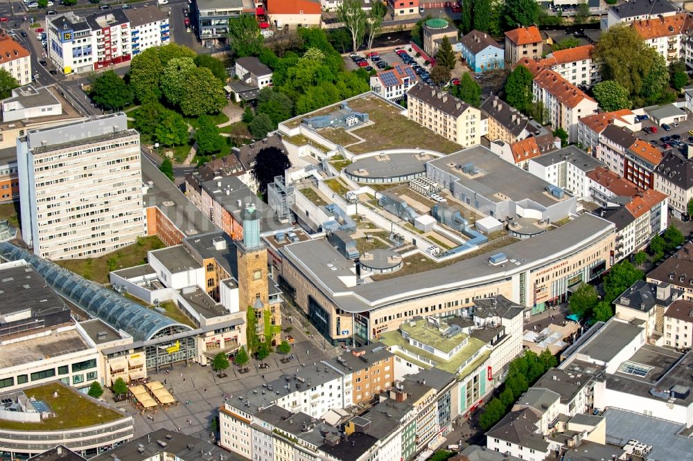 Hagen aus der Vogelperspektive: Gebäude der Einkaufszentren Volme Galerie und Rathaus Galerie in der Innenstadt von Hagen im Bundesland Nordrhein-Westfalen