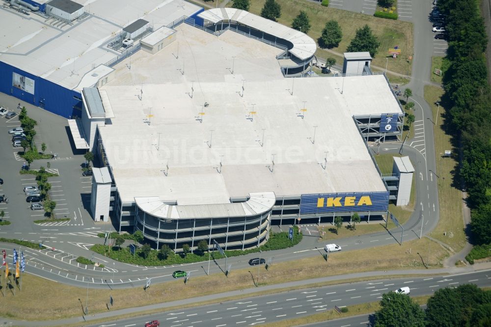 Bielefeld von oben - Gebäude des Einkaufszentrum IKEA Einrichtungshaus - Möbelhaus in Bielefeld im Bundesland Nordrhein-Westfalen