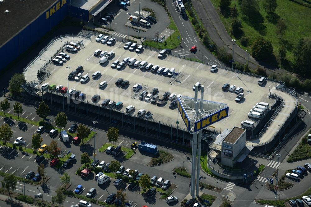 Luftaufnahme Hanau - Gebäude des Einrichtungshaus - Möbelmarkt der IKEA in Hanau im Bundesland Hessen