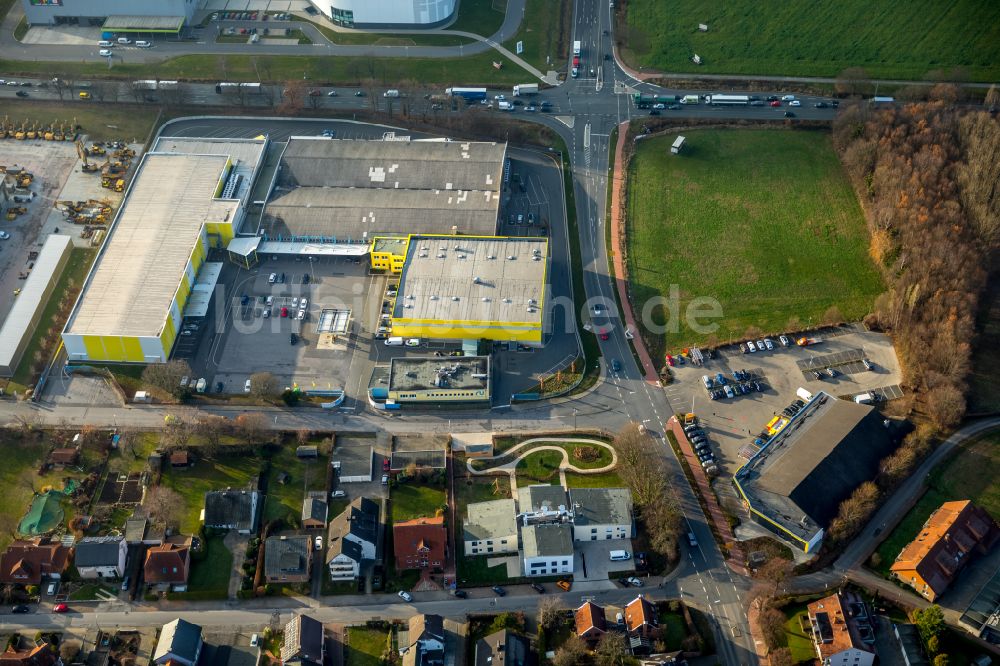 Rhynern aus der Vogelperspektive: Gebäude des Großhandelszentrum Rullko SB Großmarkt in Rhynern im Bundesland Nordrhein-Westfalen, Deutschland