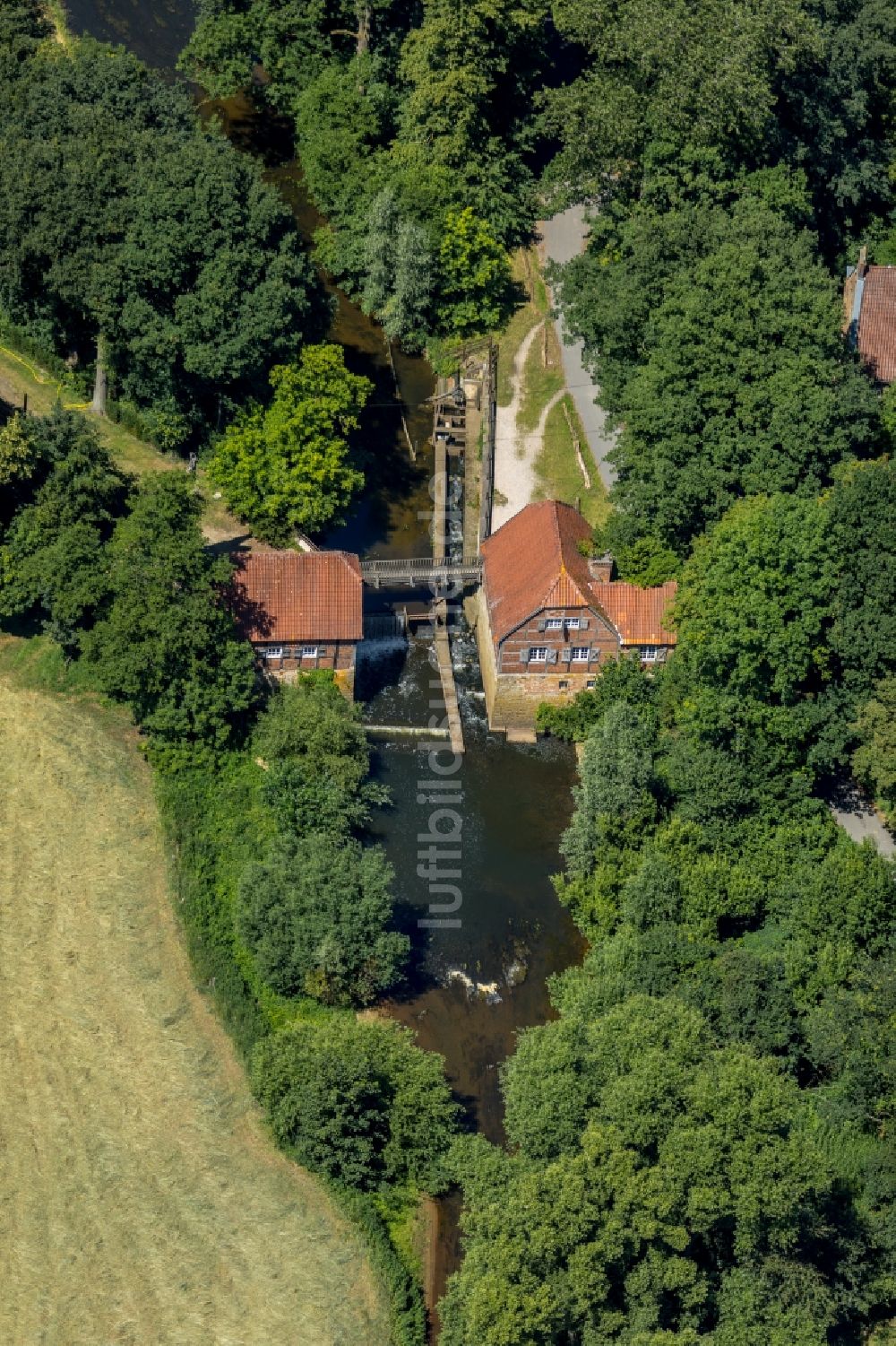 Telgte aus der Vogelperspektive: Gebäude und Parkanlagen des ehemaliges Rittergutes Haus Langen mit einer Wassermühle in Telgte im Bundesland Nordrhein-Westfalen, Deutschland