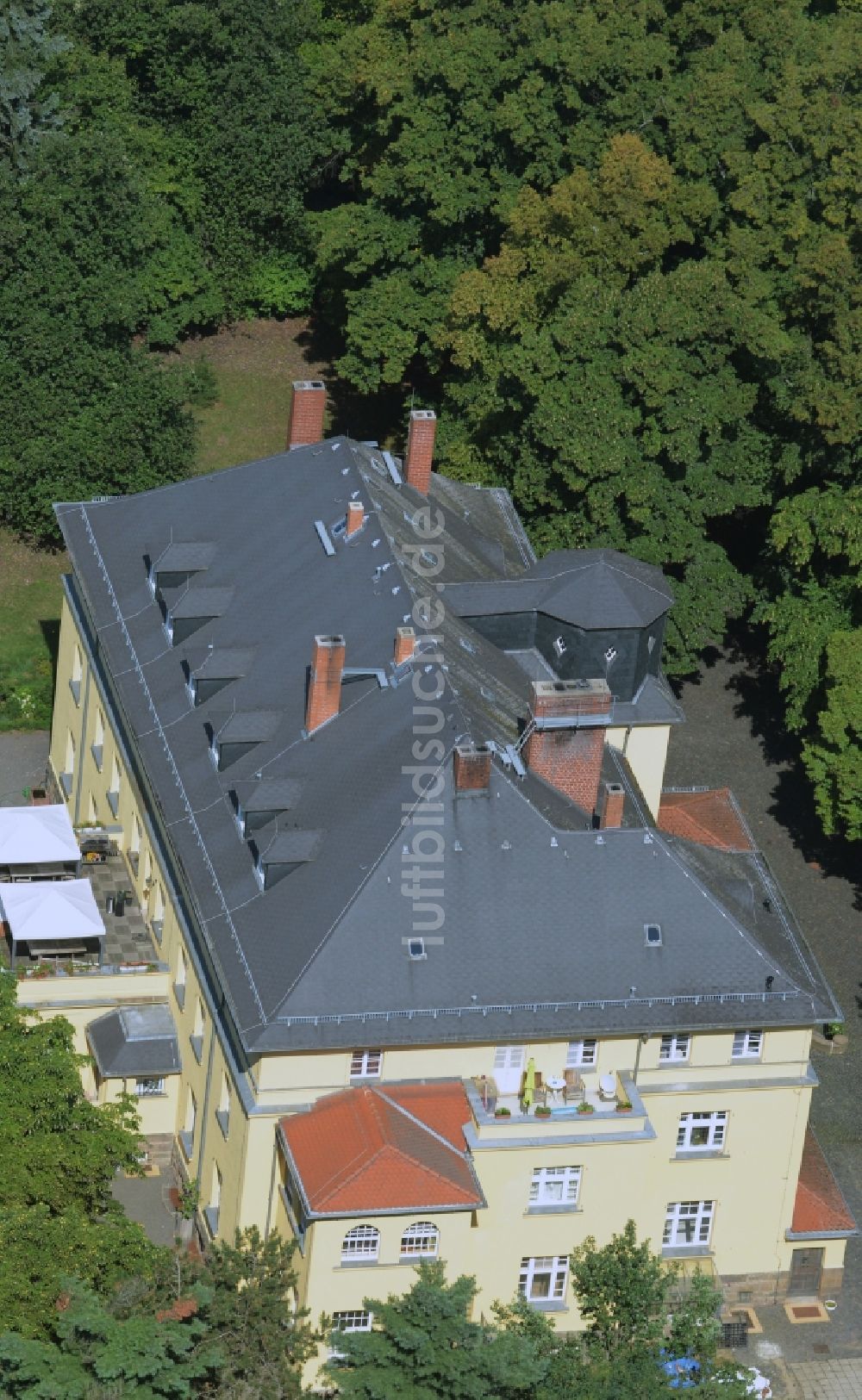 Parthenstein von oben - Gebäude und Parkanlagen des Gutshauses und Herrenhauses in Parthenstein im Bundesland Sachsen