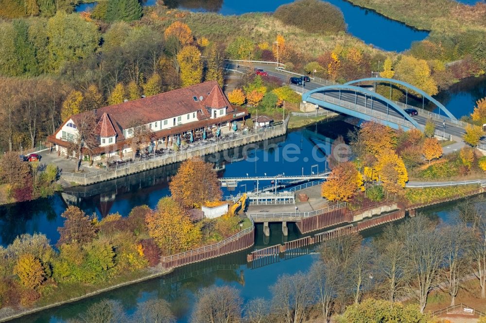 Hamm von oben - Gebäude des Restaurant und Hotel Bootshaus am Datteln Hamm Kanal in Hamm im Bundesland Nordrhein-Westfalen