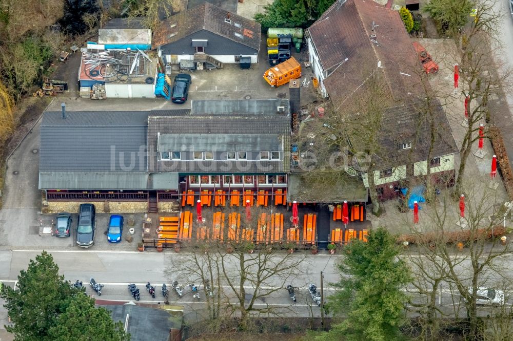 Bottrop aus der Vogelperspektive: Gebäude des Restaurant Woodpeckers Roadhouse der Grafenmühle Gastronomie GmbH Zur Grafenmühle in Bottrop im Bundesland Nordrhein-Westfalen, Deutschland