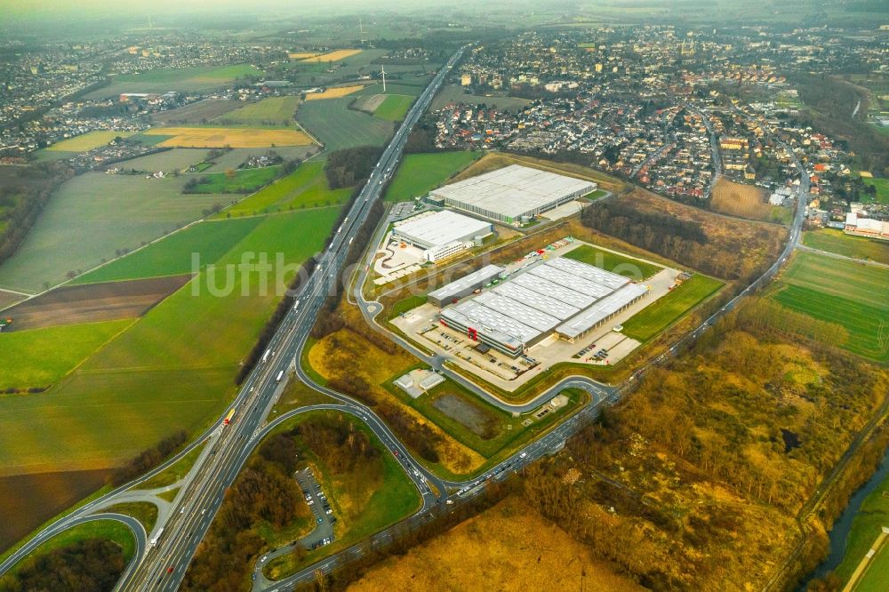 Bergkamen von oben - Gebäudekomplex und Gelände des Logistikzentrums der Herbert Heldt KG an der Ernst-von-Bodelschwingh-Street in Bergkamen im Bundesland Nordrhein-Westfalen, Deutschland