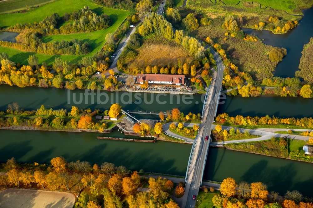 Luftbild Hamm - Gebäudekomplex der Hotelanlage Hotel Bootshaus am Ufer des Datteln-Hamm-Kanal und des Flusses Lippe an der Fährstraßen- Brücke in Hamm im Bundesland Nordrhein-Westfalen