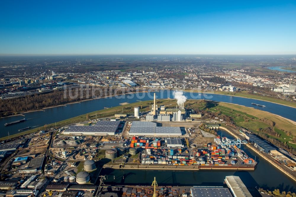 Luftaufnahme Düsseldorf - Gebäudekomplex und Logistikzentrum auf dem Gelände des Binnenhafens im Ortsteil Stadtbezirk 3 in Düsseldorf im Bundesland Nordrhein-Westfalen